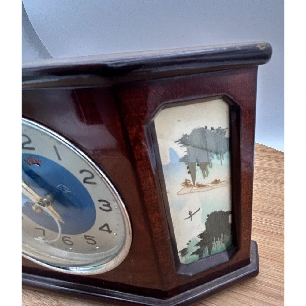 VTG Rooster Wooden Alarm Clock With Aircraft Animated -1960's Pilots, Airplanes